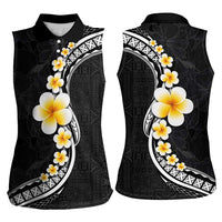Pacific Hibiscus and Plumeria with Tapa Pattern Women Sleeveless Polo Shirt Black Color LT03 - Polynesian Pride