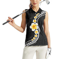 Pacific Hibiscus and Plumeria with Tapa Pattern Women Sleeveless Polo Shirt Black Color LT03 - Polynesian Pride