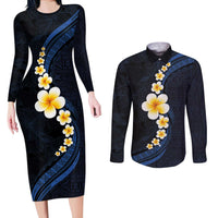 Pacific Hibiscus and Plumeria with Tapa Pattern Couples Matching Long Sleeve Bodycon Dress and Long Sleeve Button Shirt Dark Blue Color