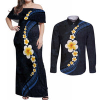 Pacific Hibiscus and Plumeria with Tapa Pattern Couples Matching Off Shoulder Maxi Dress and Long Sleeve Button Shirt Dark Blue Color