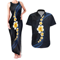 Pacific Hibiscus and Plumeria with Tapa Pattern Couples Matching Tank Maxi Dress and Hawaiian Shirt Dark Blue Color