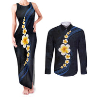 Pacific Hibiscus and Plumeria with Tapa Pattern Couples Matching Tank Maxi Dress and Long Sleeve Button Shirt Dark Blue Color
