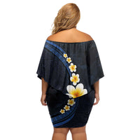 Pacific Hibiscus and Plumeria with Tapa Pattern Off Shoulder Short Dress Dark Blue Color LT03 - Polynesian Pride