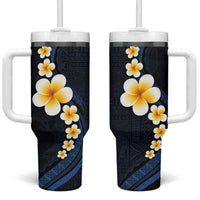 Pacific Hibiscus and Plumeria with Tapa Pattern Tumbler With Handle Dark Blue Color LT03 One Size: 40 oz Blue - Polynesian Pride