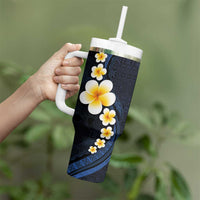 Pacific Hibiscus and Plumeria with Tapa Pattern Tumbler With Handle Dark Blue Color LT03 - Polynesian Pride