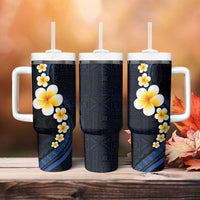 Pacific Hibiscus and Plumeria with Tapa Pattern Tumbler With Handle Dark Blue Color LT03 - Polynesian Pride