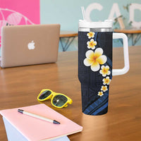 Pacific Hibiscus and Plumeria with Tapa Pattern Tumbler With Handle Dark Blue Color LT03 - Polynesian Pride