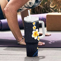 Pacific Hibiscus and Plumeria with Tapa Pattern Tumbler With Handle Dark Blue Color LT03 - Polynesian Pride