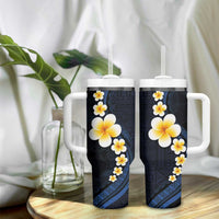 Pacific Hibiscus and Plumeria with Tapa Pattern Tumbler With Handle Dark Blue Color LT03 - Polynesian Pride