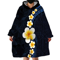 Pacific Hibiscus and Plumeria with Tapa Pattern Wearable Blanket Hoodie Dark Blue Color