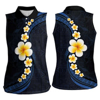 Pacific Hibiscus and Plumeria with Tapa Pattern Women Sleeveless Polo Shirt Dark Blue Color LT03 - Polynesian Pride