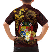 Tonga Ngatu and Hibiscus with Polynesian Tattoo Family Matching Long Sleeve Bodycon Dress and Hawaiian Shirt Gold and Oxblood Color