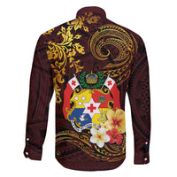 Tonga Ngatu and Hibiscus with Polynesian Tattoo Family Matching Long Sleeve Bodycon Dress and Hawaiian Shirt Gold and Oxblood Color