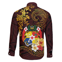 Tonga Ngatu and Hibiscus with Polynesian Tattoo Family Matching Short Sleeve Bodycon Dress and Hawaiian Shirt Gold and Oxblood Color