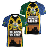Solomon Islands Remembrance Day Women V-Neck T-Shirt Lest We Forget and Polynesian Tattoo Pattern