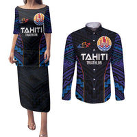 Personalised Tahiti Triathlon Polynesian Pattern Couples Matching Puletasi and Long Sleeve Button Shirt