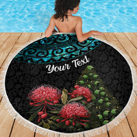Personalized New Zealand Christmas Beach Blanket Maori Santa Pikorua and Pohutukawa Meri Kirihimete LT03 - Polynesian Pride
