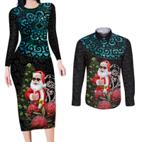 Personalized New Zealand Christmas Couples Matching Long Sleeve Bodycon Dress and Long Sleeve Button Shirt Maori Santa Pikorua and Pohutukawa Meri Kirihimete LT03 Black - Polynesian Pride