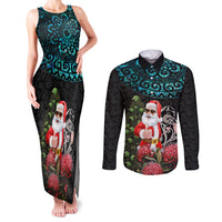 Personalized New Zealand Christmas Couples Matching Tank Maxi Dress and Long Sleeve Button Shirt Maori Santa Pikorua and Pohutukawa Meri Kirihimete LT03 Black - Polynesian Pride