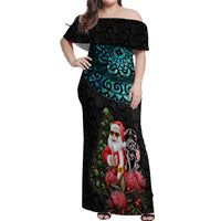 Personalized New Zealand Christmas Off Shoulder Maxi Dress Maori Santa Pikorua and Pohutukawa Meri Kirihimete LT03 Women Black - Polynesian Pride