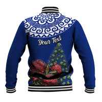 Personalized New Zealand Christmas Baseball Jacket Maori Santa Pikorua and Pohutukawa Meri Kirihimete Blue LT03 - Polynesian Pride