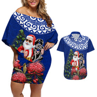 Personalized New Zealand Christmas Couples Matching Off Shoulder Short Dress and Hawaiian Shirt Maori Santa Pikorua and Pohutukawa Meri Kirihimete Blue LT03 Blue - Polynesian Pride