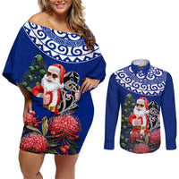 Personalized New Zealand Christmas Couples Matching Off Shoulder Short Dress and Long Sleeve Button Shirt Maori Santa Pikorua and Pohutukawa Meri Kirihimete Blue LT03 Blue - Polynesian Pride