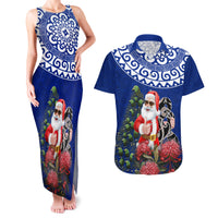 Personalized New Zealand Christmas Couples Matching Tank Maxi Dress and Hawaiian Shirt Maori Santa Pikorua and Pohutukawa Meri Kirihimete Blue LT03 Blue - Polynesian Pride