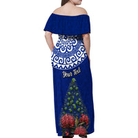 Personalized New Zealand Christmas Family Matching Off Shoulder Maxi Dress and Hawaiian Shirt Maori Santa Pikorua and Pohutukawa Meri Kirihimete Blue LT03 - Polynesian Pride