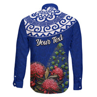 Personalized New Zealand Christmas Family Matching Off Shoulder Short Dress and Hawaiian Shirt Maori Santa Pikorua and Pohutukawa Meri Kirihimete Blue LT03 - Polynesian Pride