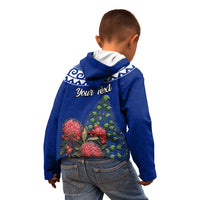 Personalized New Zealand Christmas Kid Hoodie Maori Santa Pikorua and Pohutukawa Meri Kirihimete Blue LT03 - Polynesian Pride