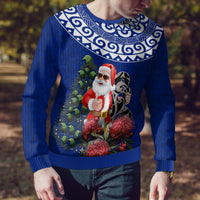 Personalized New Zealand Christmas Ugly Christmas Sweater Maori Santa Pikorua and Pohutukawa Meri Kirihimete Blue LT03 - Polynesian Pride