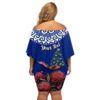 Personalized New Zealand Christmas Off Shoulder Short Dress Maori Santa Pikorua and Pohutukawa Meri Kirihimete Blue LT03 - Polynesian Pride