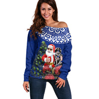 Personalized New Zealand Christmas Off Shoulder Sweater Maori Santa Pikorua and Pohutukawa Meri Kirihimete Blue LT03 Women Blue - Polynesian Pride