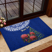 Personalized New Zealand Christmas Rubber Doormat Maori Santa Pikorua and Pohutukawa Meri Kirihimete Blue LT03 - Polynesian Pride