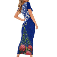 Personalized New Zealand Christmas Short Sleeve Bodycon Dress Maori Santa Pikorua and Pohutukawa Meri Kirihimete Blue LT03 - Polynesian Pride