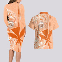 Kanaka Maoli Tropical Flowers with Kakau Tribal Couples Matching Long Sleeve Bodycon Dress and Hawaiian Shirt Peach Fuzz Color LT03 - Polynesian Pride