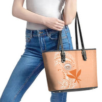 Kanaka Maoli Tropical Flowers with Kakau Tribal Leather Tote Bag Peach Fuzz Color LT03 - Polynesian Pride
