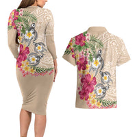 Hawaiian Tropical Flowers and Tribal Turtles Couples Matching Long Sleeve Bodycon Dress and Hawaiian Shirt Polynesian Art Motifs Beige Color - Polynesian Pride