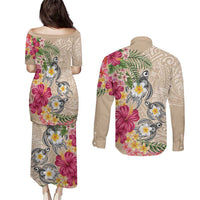 Hawaiian Tropical Flowers and Tribal Turtles Couples Matching Puletasi and Long Sleeve Button Shirt Polynesian Art Motifs Beige Color - Polynesian Pride