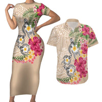 Hawaiian Tropical Flowers and Tribal Turtles Couples Matching Short Sleeve Bodycon Dress and Hawaiian Shirt Polynesian Art Motifs Beige Color - Polynesian Pride