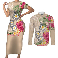 Hawaiian Tropical Flowers and Tribal Turtles Couples Matching Short Sleeve Bodycon Dress and Long Sleeve Button Shirt Polynesian Art Motifs Beige Color LT03 Beige - Polynesian Pride