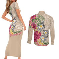 Hawaiian Tropical Flowers and Tribal Turtles Couples Matching Short Sleeve Bodycon Dress and Long Sleeve Button Shirt Polynesian Art Motifs Beige Color LT03 - Polynesian Pride