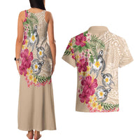 Hawaiian Tropical Flowers and Tribal Turtles Couples Matching Tank Maxi Dress and Hawaiian Shirt Polynesian Art Motifs Beige Color - Polynesian Pride