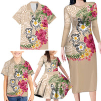 Hawaiian Tropical Flowers and Tribal Turtles Family Matching Long Sleeve Bodycon Dress and Hawaiian Shirt Polynesian Art Motifs Beige Color - Polynesian Pride