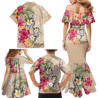 Hawaiian Tropical Flowers and Tribal Turtles Family Matching Mermaid Dress and Hawaiian Shirt Polynesian Art Motifs Beige Color - Polynesian Pride