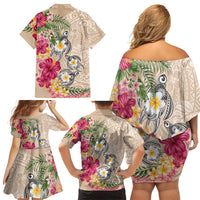 Hawaiian Tropical Flowers and Tribal Turtles Family Matching Off Shoulder Short Dress and Hawaiian Shirt Polynesian Art Motifs Beige Color - Polynesian Pride