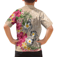 Hawaiian Tropical Flowers and Tribal Turtles Family Matching Puletasi and Hawaiian Shirt Polynesian Art Motifs Beige Color LT03 - Polynesian Pride