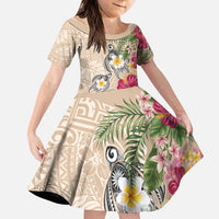 Hawaiian Tropical Flowers and Tribal Turtles Family Matching Puletasi and Hawaiian Shirt Polynesian Art Motifs Beige Color LT03 Daughter's Dress Beige - Polynesian Pride