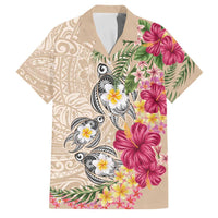 Hawaiian Tropical Flowers and Tribal Turtles Family Matching Puletasi and Hawaiian Shirt Polynesian Art Motifs Beige Color LT03 Dad's Shirt - Short Sleeve Beige - Polynesian Pride